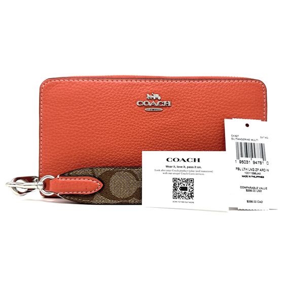 Coach Long Zip Around Wallet With Signature Canvas in Tangerine Leather CK427 - Picture 2 of 8